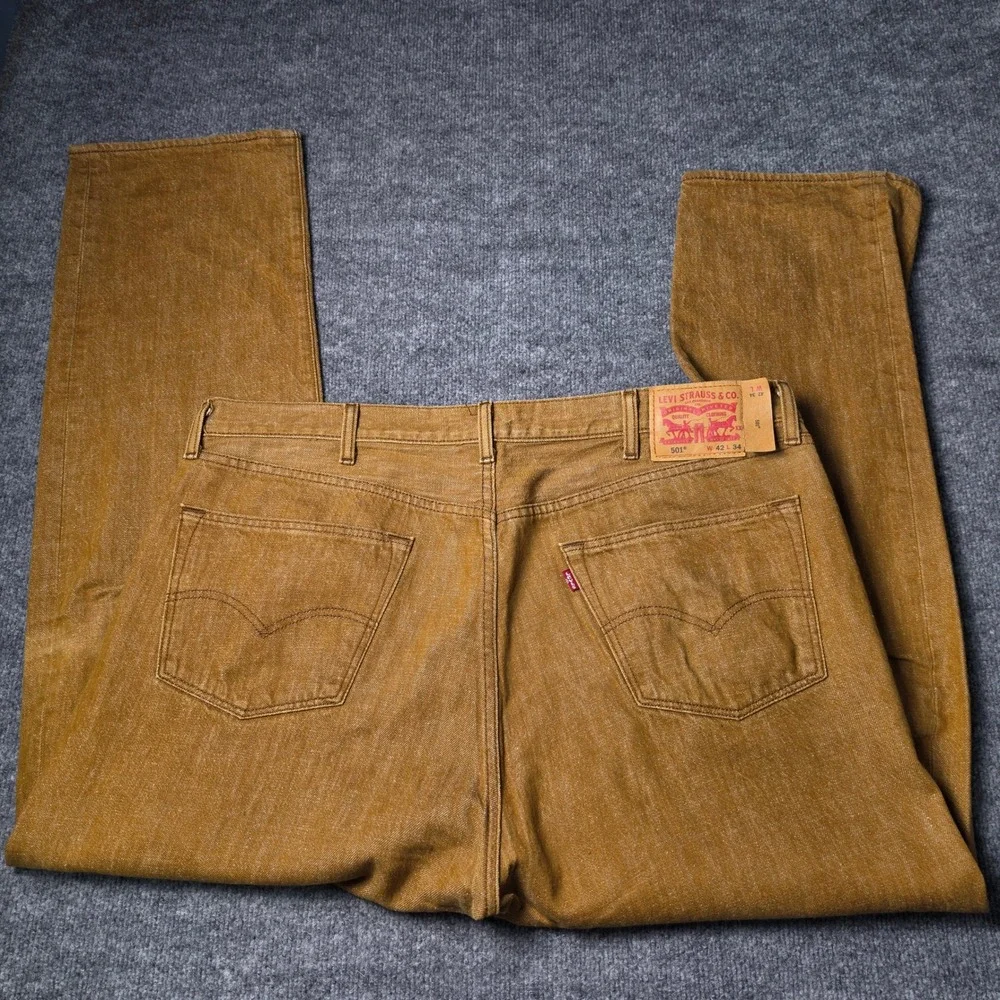 Levis 501 Original Fit Jeans Mens 42x34 Brown White Oak Cone Denim Button Fly